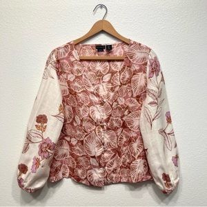 Tahari linen floral mixed print balloon sleeve blouse